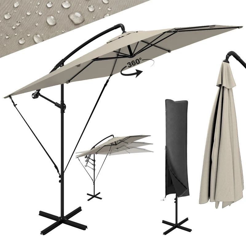 Outsunny Parasol Excéntrico 247x247 cm con Base Cruzada Manivela Funda Protectora y Toldo Giratorio 360° 247x247x256 cm Caqui