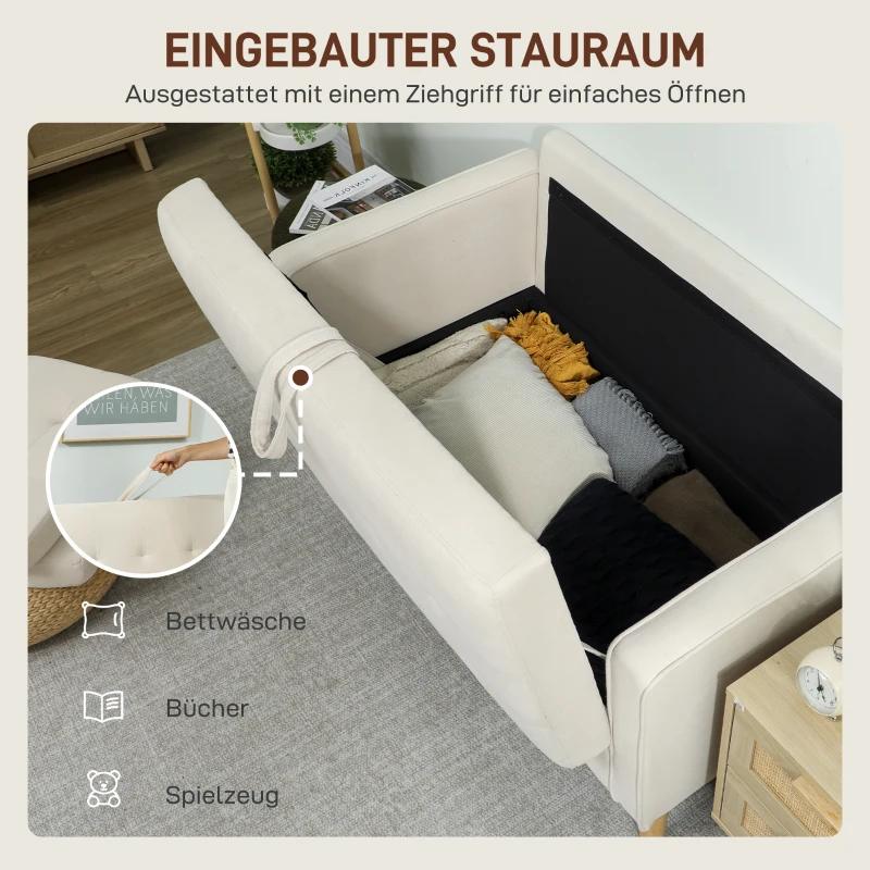 HOMCOM Zweisitzer-Sofa mit Stauraum, Knopfheftung, Kissen, Kautschukbaumholz, 117x62x78cm, Cremeweiß(m-4)