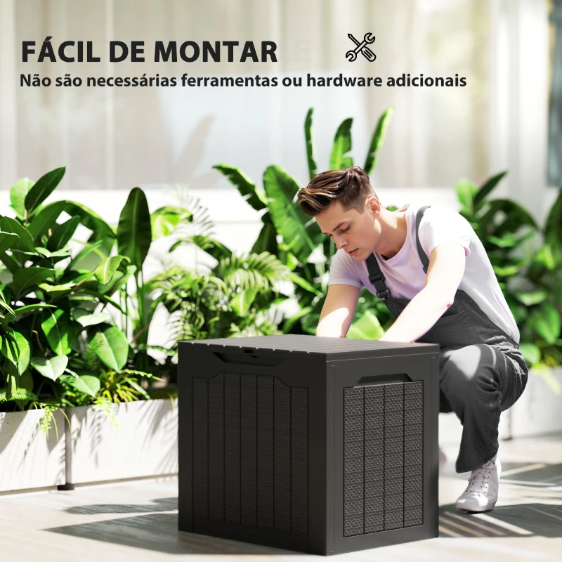 Outsunny Baú de Armazenamento Exterior 93L Caixa de Armazenamento de Jardim de Plástico Impermeável com 2 Alças 56x41x50 cm Preto
