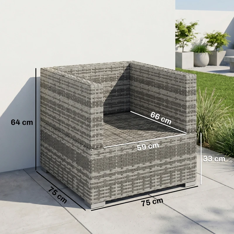 Outsunny Single Seater Rattan Chair Sofa with Padded Cushions, All-Weather PE Wicker Weave Garden Armchair, Armrests Included, Grey