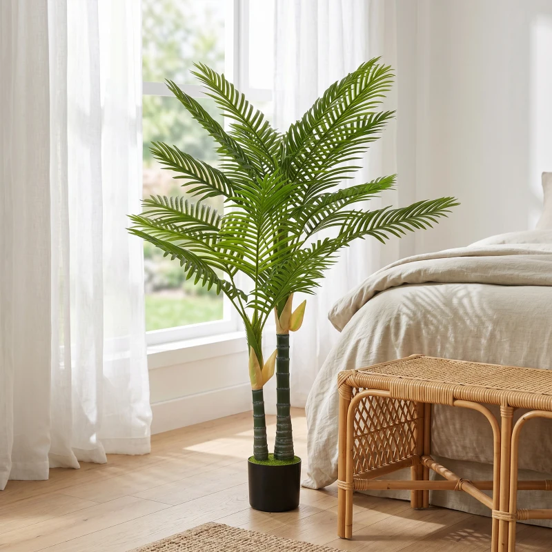 HOMCOM Kunstpalm 150cm Kunstplant met 16 Palmbladeren Grote Kunstplant in Pot voor Woonkamer Balkon Decoratie Groen
