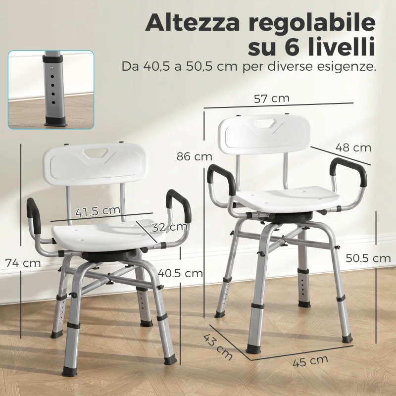HOMCOM Sedia per Doccia Girevole ad Altezza Regolabile con Braccioli, Schienale, Capacità 150 kg, Bianco