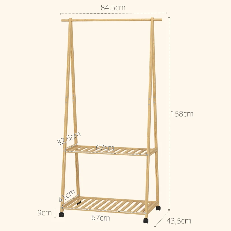 HOMCOM Portant à vêtement portemanteau en bambou sur roulettes avec 2 étagères et 2 crochets, pour entrée, chambre