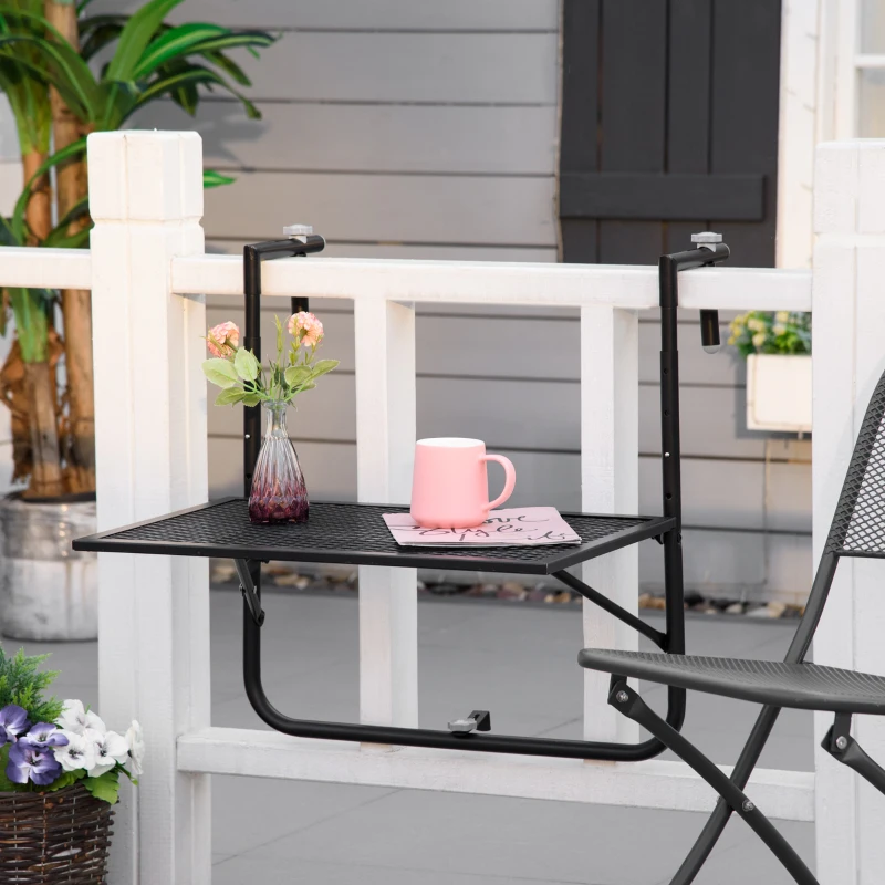 Outsunny Mesa Colgante para Balcón Plegable de Metal con Altura Ajustable en 4 Niveles Carga 10 kg 60x60x57-72 cm Negro