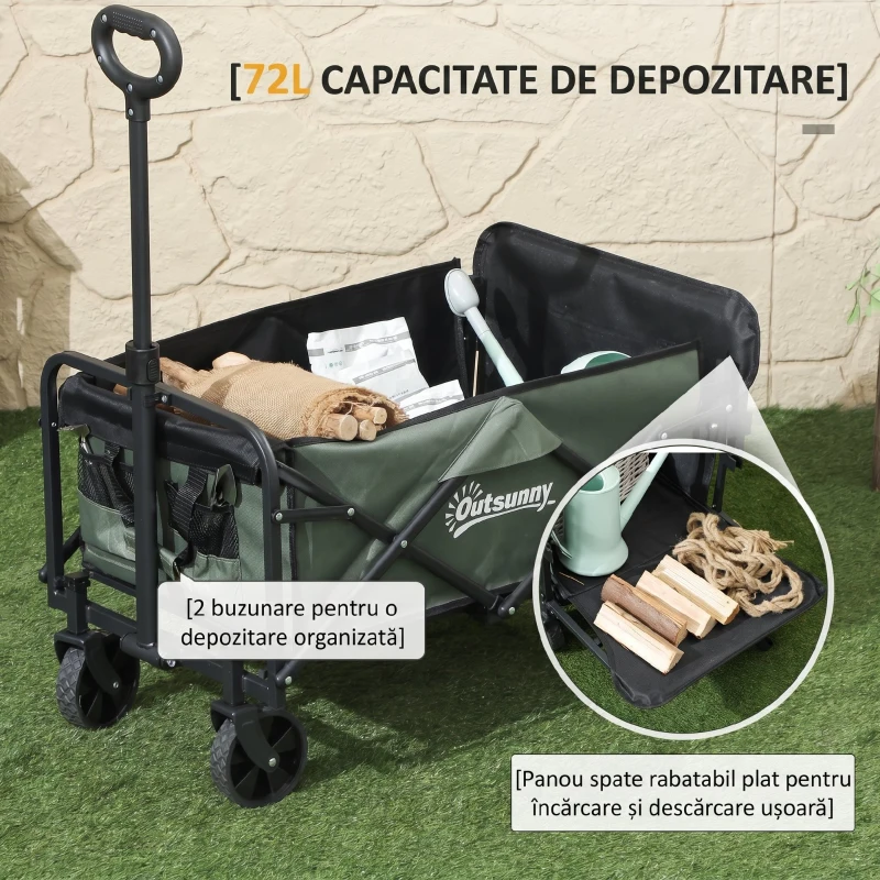 Outsunny Cărucior de Grădină Pliabil 72L cu Panou Rabatabil, din Oțel și Poliester, 76x48x65-92 cm, Verde