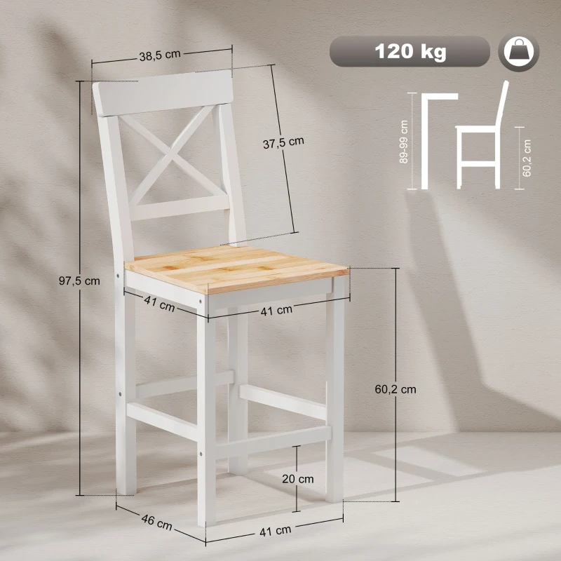 HOMCOM Lot de 2 tabourets de bar, chaises hautes campagne, dossier haut et repose-pieds, 41x46x97,5cm, blanc et bois naturel