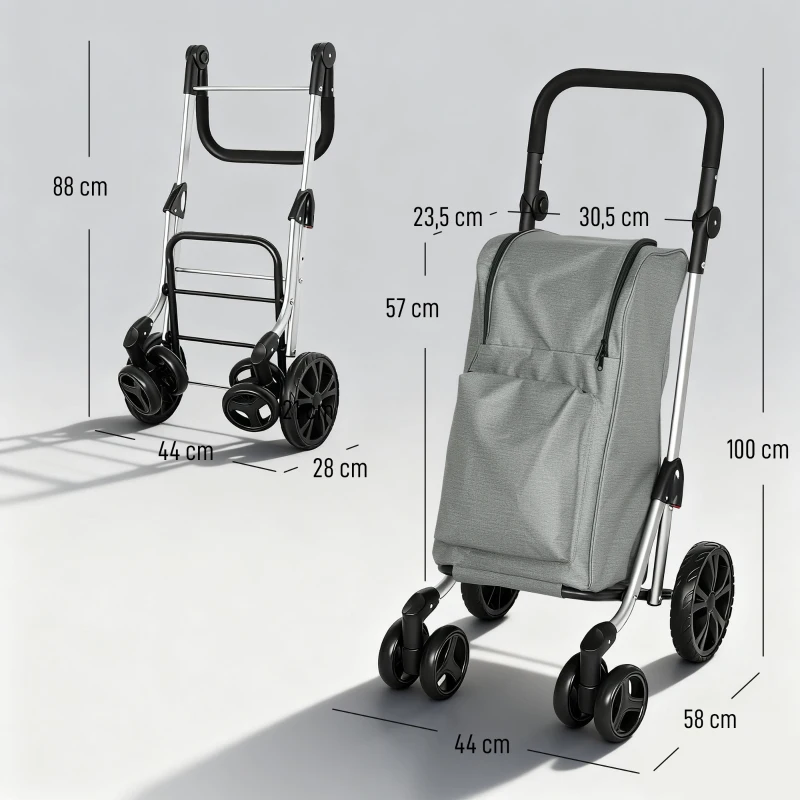 HOMCOM Carrito de Compra Plegable de 46 L Carro 3 en 1 con 6 Ruedas Bolsa Térmica y Asa Ajustable 44x58x100 cm Gris