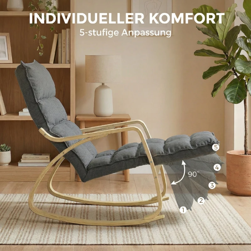 HOMCOM Schaukelstuhl mit verstellbarer Fußstütze, gepolsterter Relaxstuhl, Grau