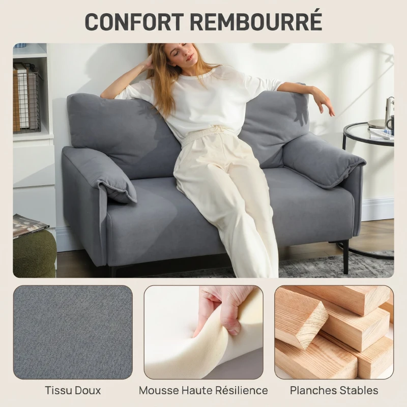 HOMCOM Canapé 2 Places, Canapé de Salon Rembourré avec Accoudoirs Matelassés, Effet Velours, 127 x 72 x 84 cm, Gris