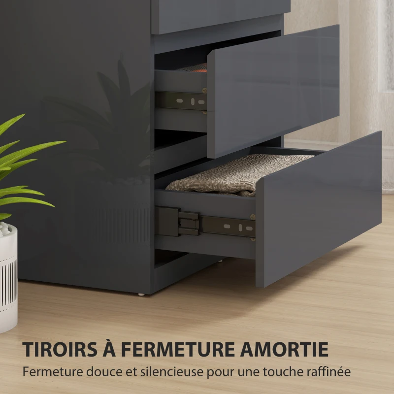 HOMCOM Commode 4 tiroirs, meuble de rangement à haute brillance, fermeture douce et silencieuse, 55 x 34 x 80 cm, gris