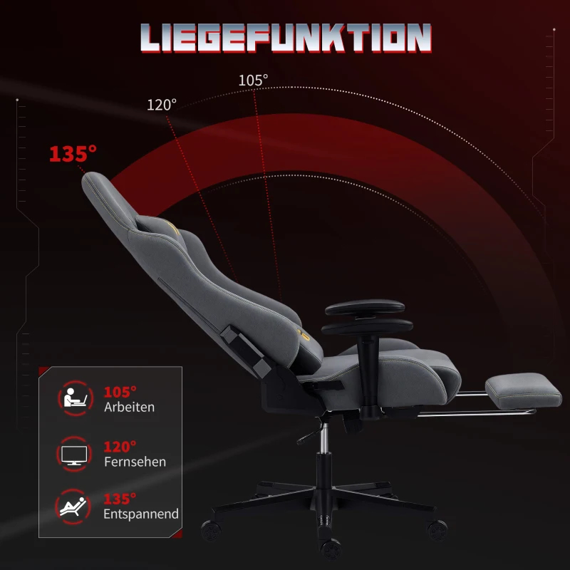 HOMCOM Ergonomischer Gaming-Stuhl mit 3D-Armlehnen, verstellbar, rollbarer Schreibtischstuhl mit Lendenstütze, Grau
