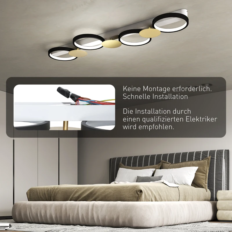 HOMCOM Deckenleuchte LED 38W 1500LM 3000K-6500K Deckenlampe Wohnzimmerlampe mit 4 Glühbirnen Fernbedienung Schwarz+Gold