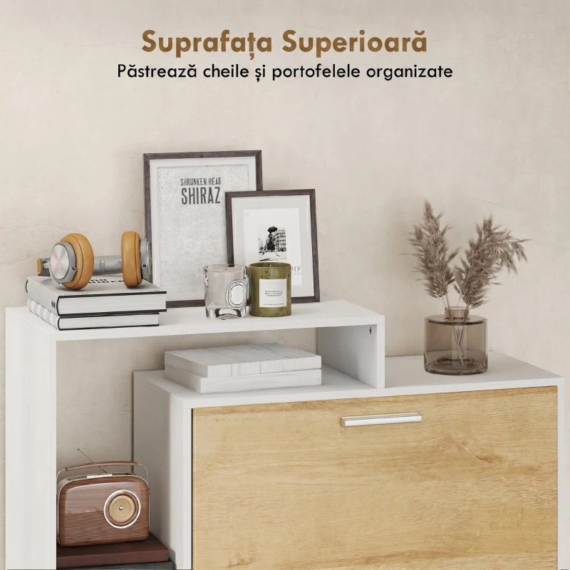 HOMCOM Dulap Slim pentru Pantofi cu 2 Sertare Rabatabile, Dulap Intrare cu Rafturi Reglabile, 3 Rafturi Deschise, Spațiu pentru 8 Perechi de Pantofi, Alb și Lemn Natural, 80x26x90 cm