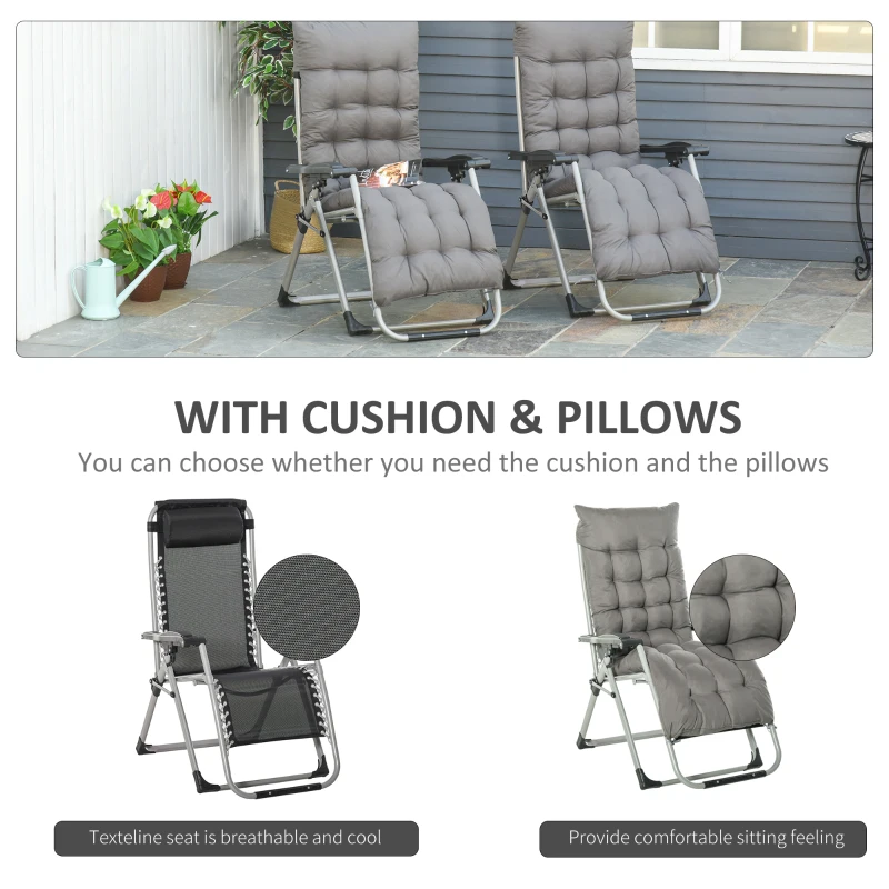 Outsunny 2pc Reclining Zero Gravity Sun Loungers ,Folding Chaise Lounge Chair with Cushions, Dark Grey