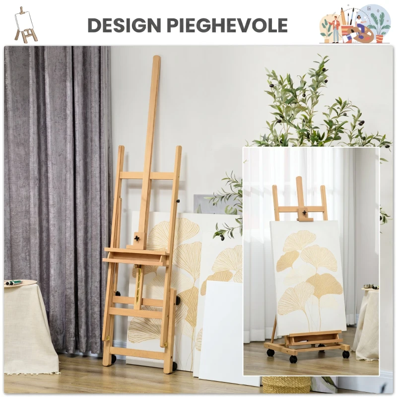 Vinsetto Cavalletto Pittura Pieghevole con Ruote, per Dipingere su Tela, in Faggio Regolabile,per Studio, Artisti Pittori