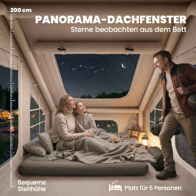 Outsunny Aufblasbares Zelt 5-8 Personen Schneller Aufbau 5000 mm Wasserdicht & Winddicht mit Luftpumpe Kaminöffnung Dachfenster