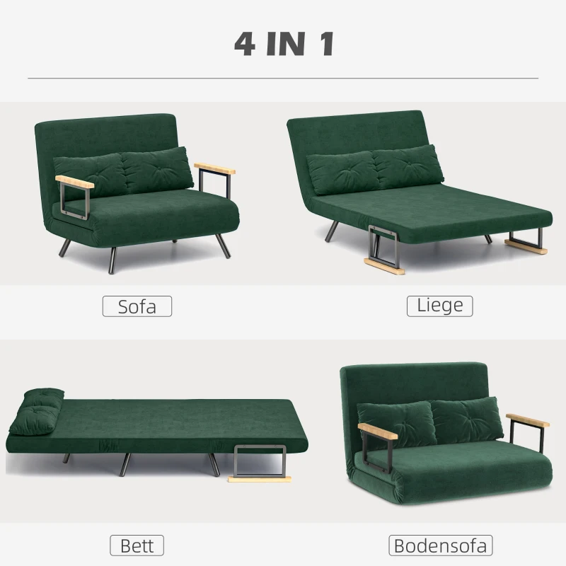 HOMCOM Schlafsofa 2er-Sofa Samtsofa, Schlaffunktion, inkl. 2 Kissen, Samtoptik, Natur + Grün