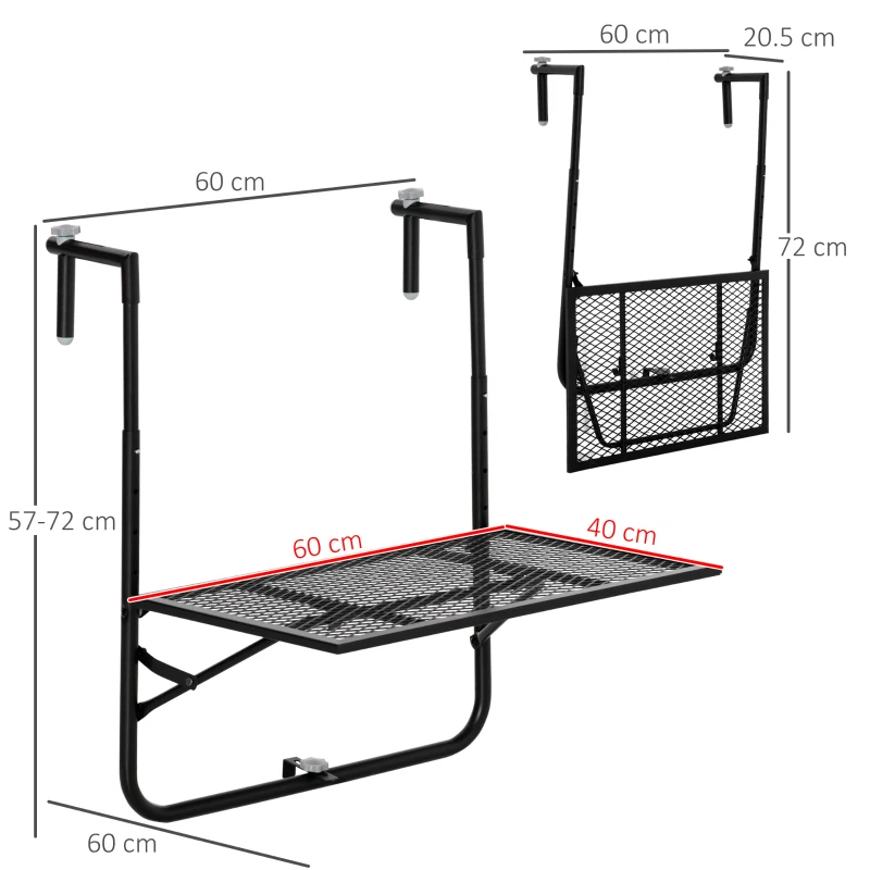 Outsunny Mesa Colgante para Balcón Plegable de Metal con Altura Ajustable en 4 Niveles Carga 10 kg 60x60x57-72 cm Negro