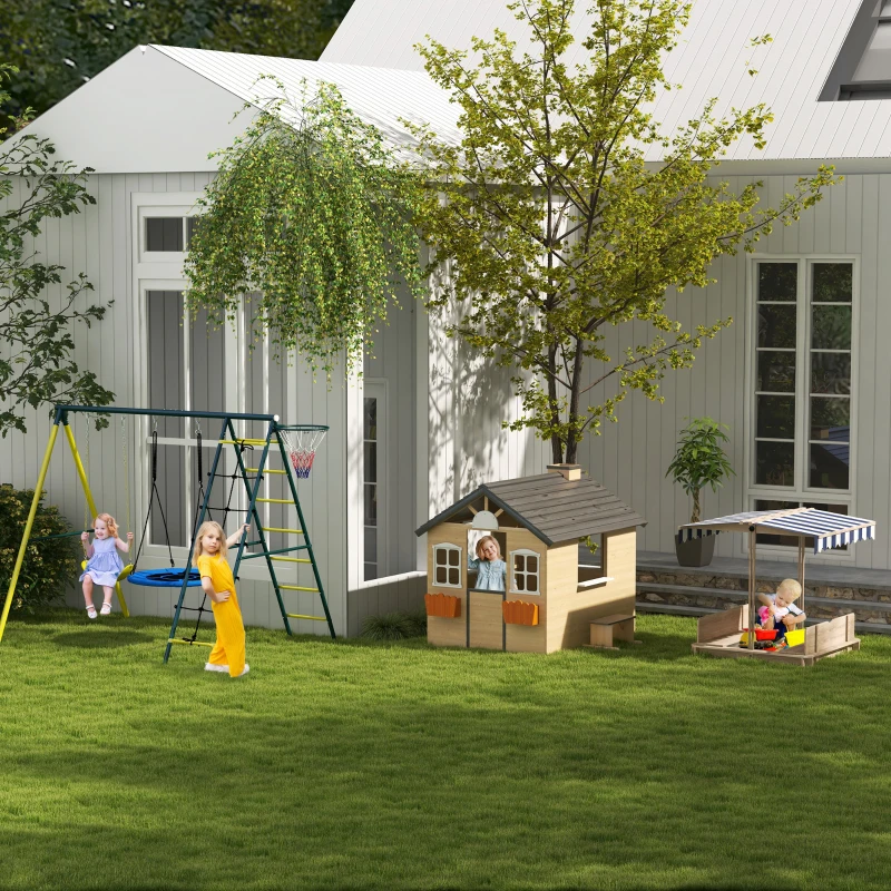 Outsunny speelhuis voor kinderen, houten kinderspeelhuis met raam, brievenbus, buitentuin speelhuis met bloempottenrek, houten speelhuis voor 3-7 jaar, dennenhout, naturel, 113 x 94 x 134,5 cm