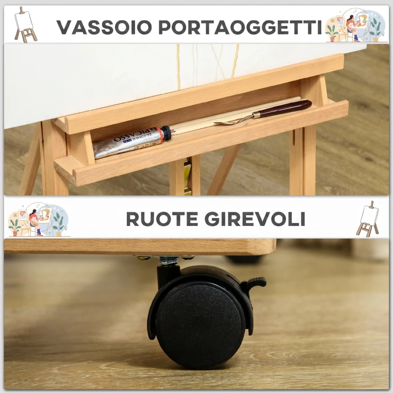 Vinsetto Cavalletto Pittura Pieghevole con Ruote, per Dipingere su Tela, in Faggio Regolabile,per Studio, Artisti Pittori