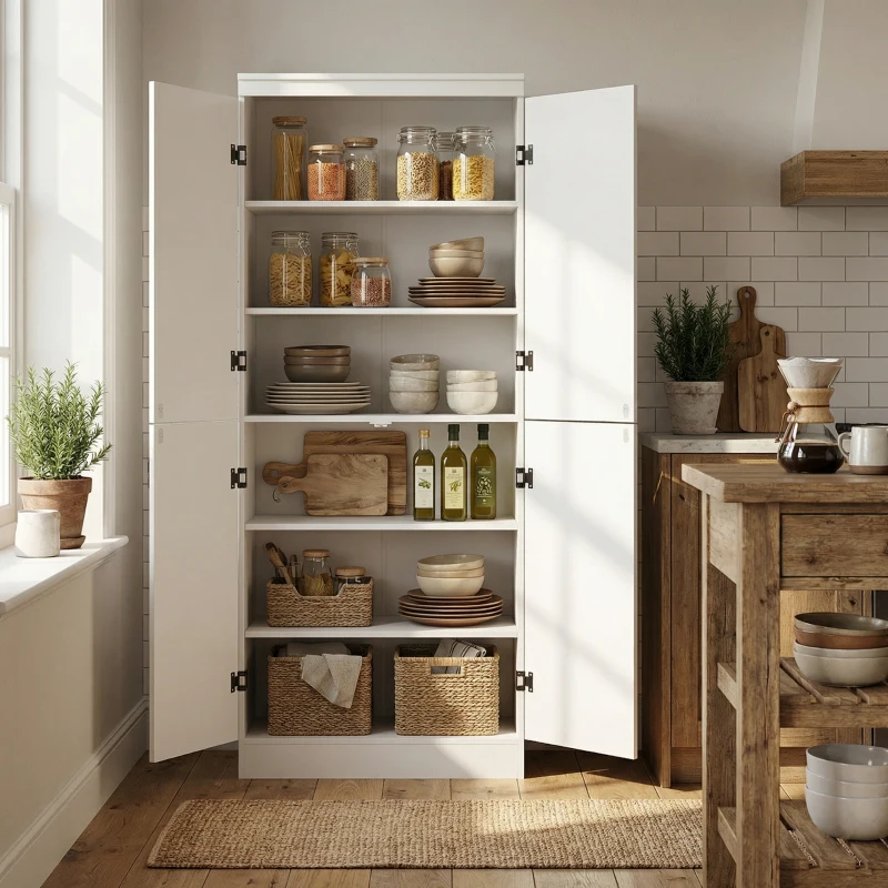 HOMCOM 4-Door Tall Kitchen Cupboard, Freestanding 6-Tier Storage Cabinet with 2 Adjustable Shelves for Living Room, Dining Room, White