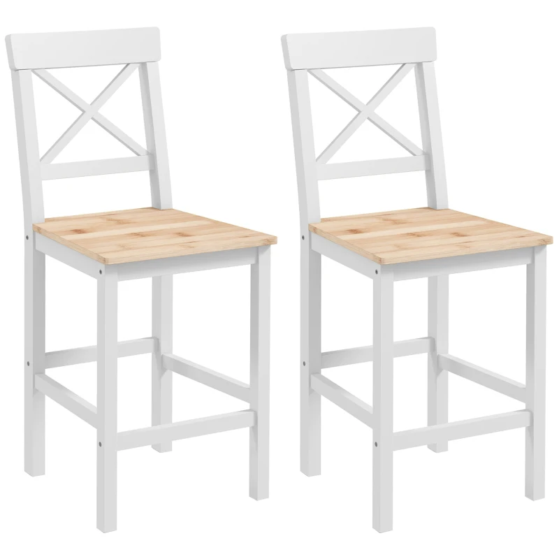 HOMCOM Barhocker 2er Set Barstuhl aus Kiefernholz mit Fußstütze, Lehne, Landhaus-Stil für Küche, Wohnzimmer, Natur