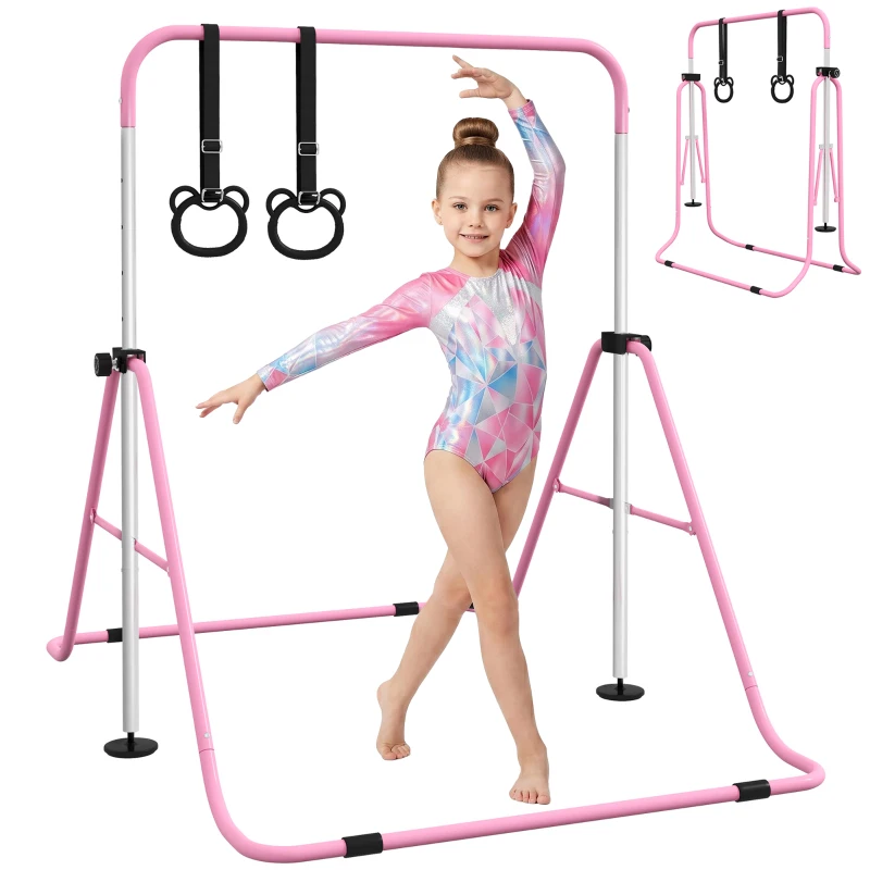 HOMCOM Kinder-Turnbarren mit Ringen, höhenverstellbar, klappbar, rutschfest, Stahlrahmen, 148x105x88-128 cm, Pink