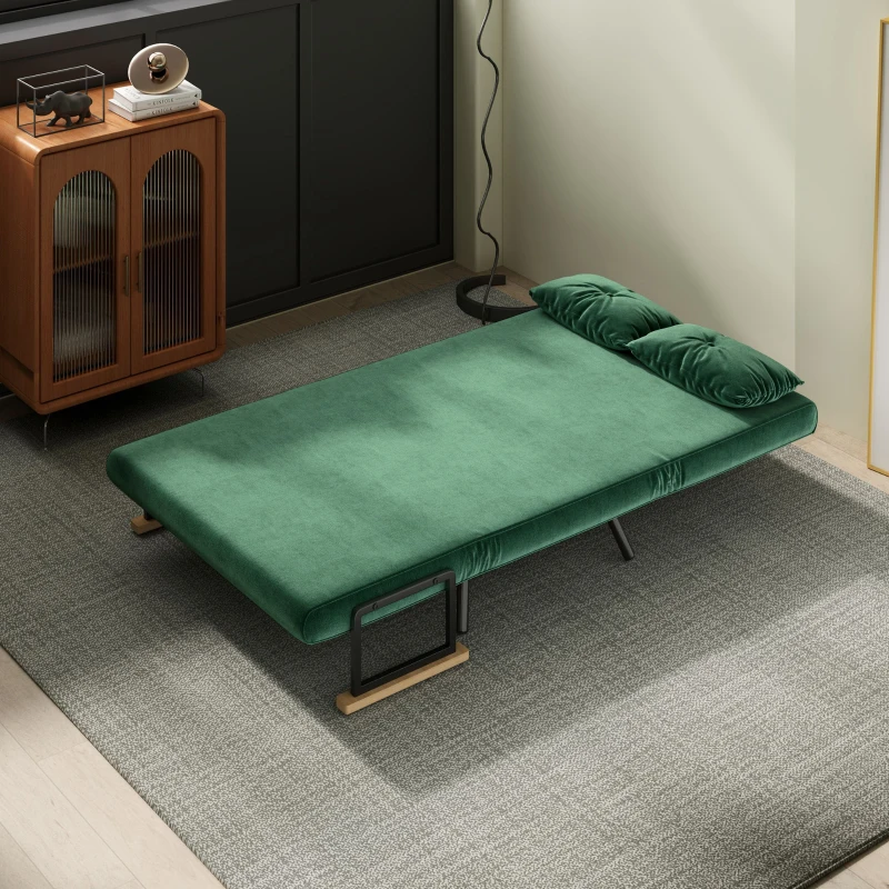 HOMCOM Schlafsofa 2er-Sofa Samtsofa, Schlaffunktion, inkl. 2 Kissen, Samtoptik, Natur + Grün