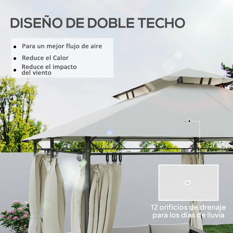 Outsunny Cenador de Jardín de 4x3 m con Doble Techo Paredes Laterales Resistente al Agua para Exterior Terraza Crema