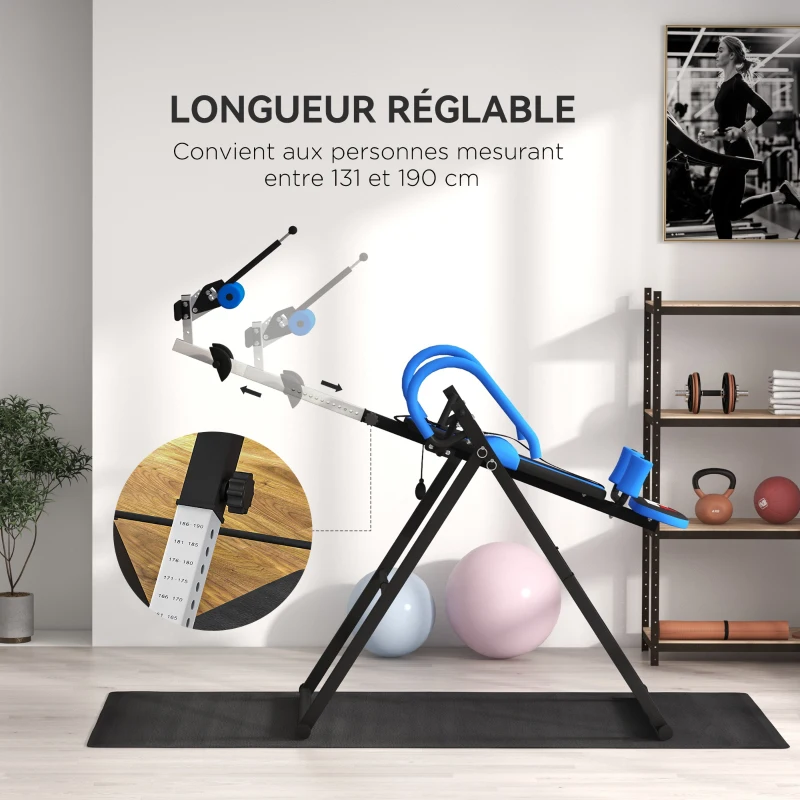 HOMCOM Table d'inversion de musculation pliable ceinture de sécurité réglable angle ajustable 3 niveaux 79x114x153cm bleu noir