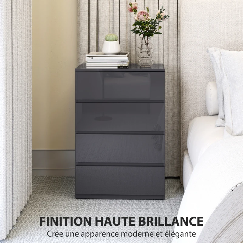 HOMCOM Commode 4 tiroirs, meuble de rangement à haute brillance, fermeture douce et silencieuse, 55 x 34 x 80 cm, gris