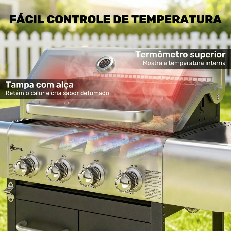 Outsunny Barbecue a Gás com 4 Queimadores 44000 BTU Rodas Grelha de Aquecimento Termómetro 129x55x117 cm Preto e Prata