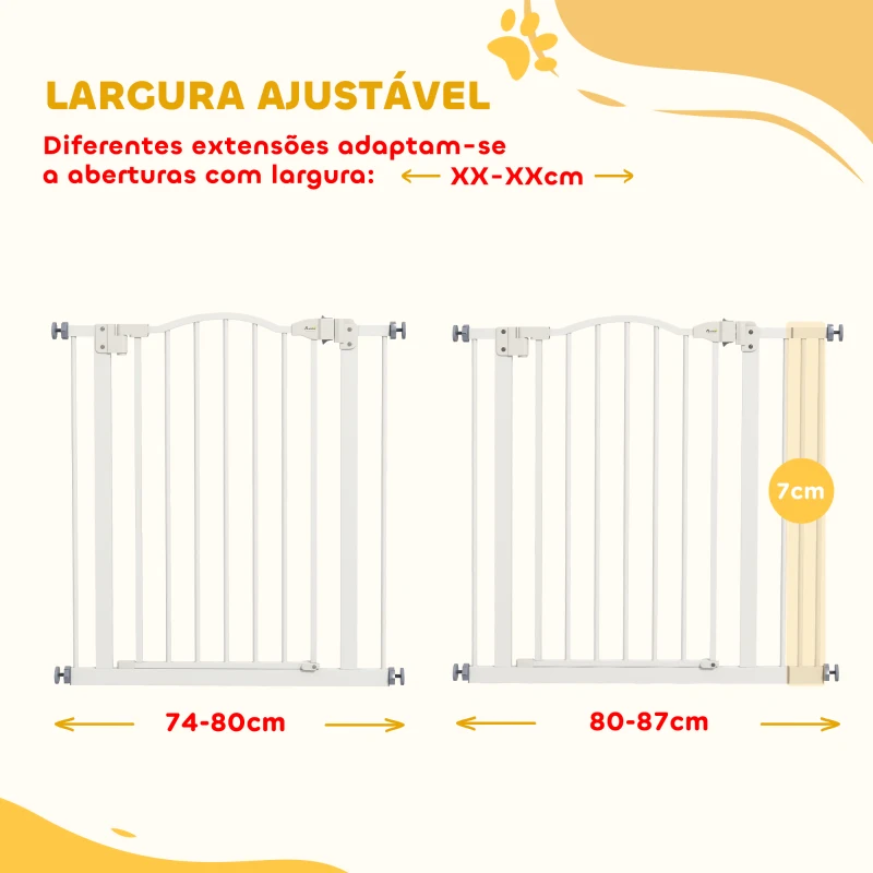 PawHut Barreira de Segurança para Cães com Largura Ajustável 74-87 cm e Extensões para Escadas e Portas Branco