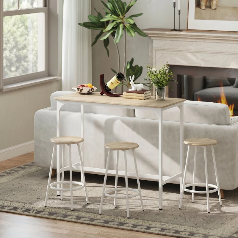 HOMCOM Set da Pranzo 5 Pezzi con Bancone da Bar 110x50x89.5 cm e Sgabelli Ø30x60.5 cm in Legno e Metallo Color Legno