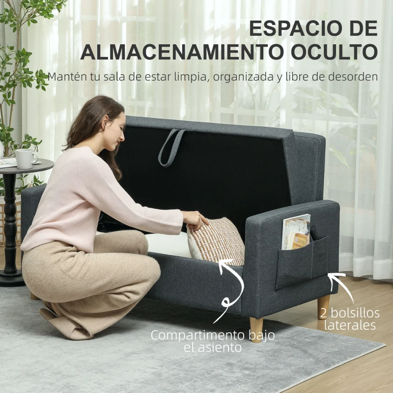 HOMCOM Sofá de 2 Plazas Tapizado en Lino Sintético con Espacio de Almacenaje 2 Almohadas y Patas de Madera 135x71x84 cm Gris