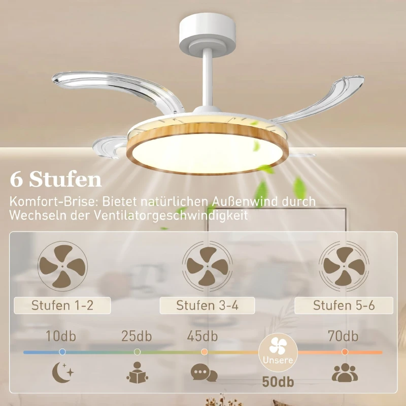 HOMCOM Deckenventilator mit Licht und Fernbedienung, 95 cm moderner LED-Deckenventilator mit einziehbaren Flügeln, Natur