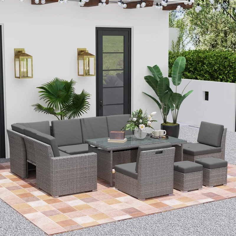 Outsunny Seven-Piece Rattan Garden Sofa Set, with Expanding Table - Light Grey
