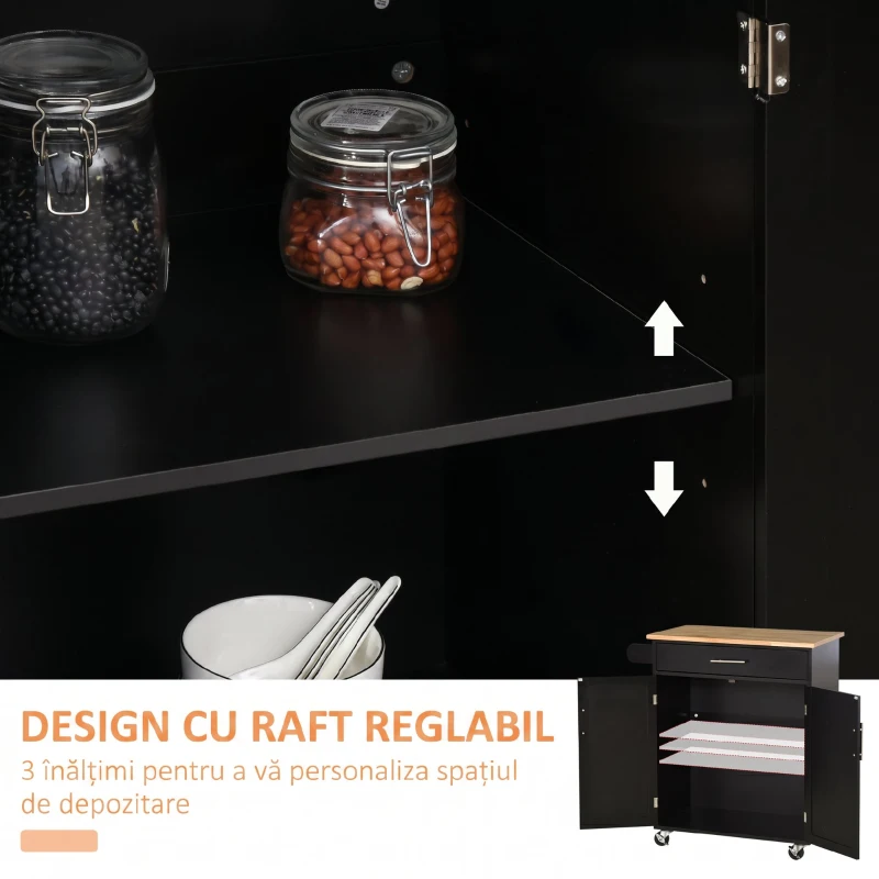 HOMCOM Dulap mobil de bucătărie cu sertar, dulap cu 2 uși, roți și bară laterală, 83x45x91.5cm, negru(m-7)