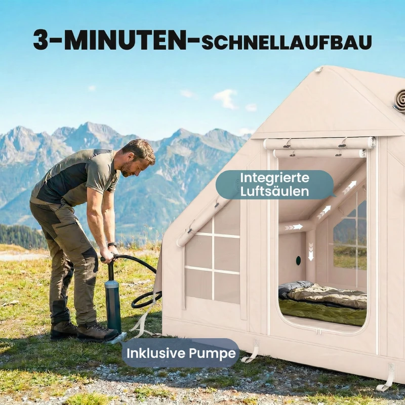 Outsunny Aufblasbares Zelt 5-8 Personen Schneller Aufbau 5000 mm Wasserdicht & Winddicht mit Luftpumpe Kaminöffnung Dachfenster