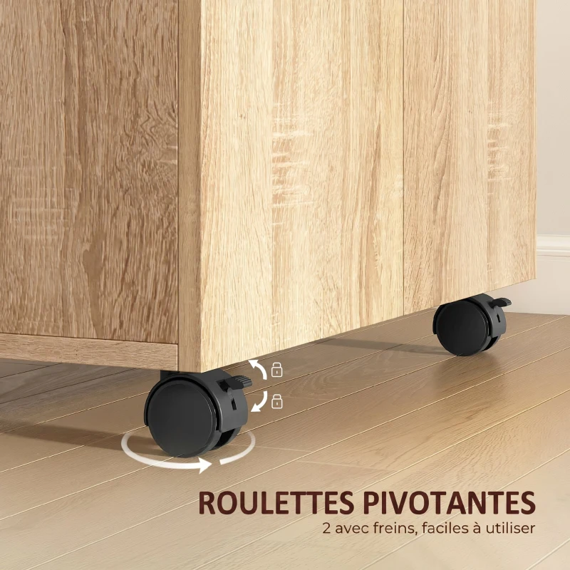HOMCOM Meuble de Rangement Buffet bas sur roulettes avec 2 Portes étagère Interne 60 x 35 x 65 cm bois naturel