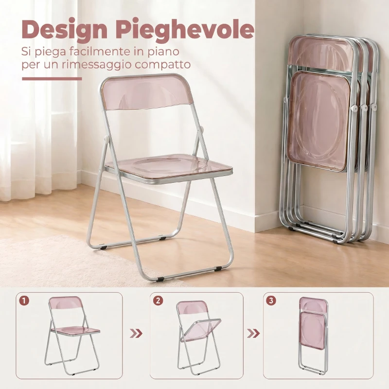 HOMCOM Set da 4 Sedie Pieghevoli in Acrilico Trasparenti, Rosa