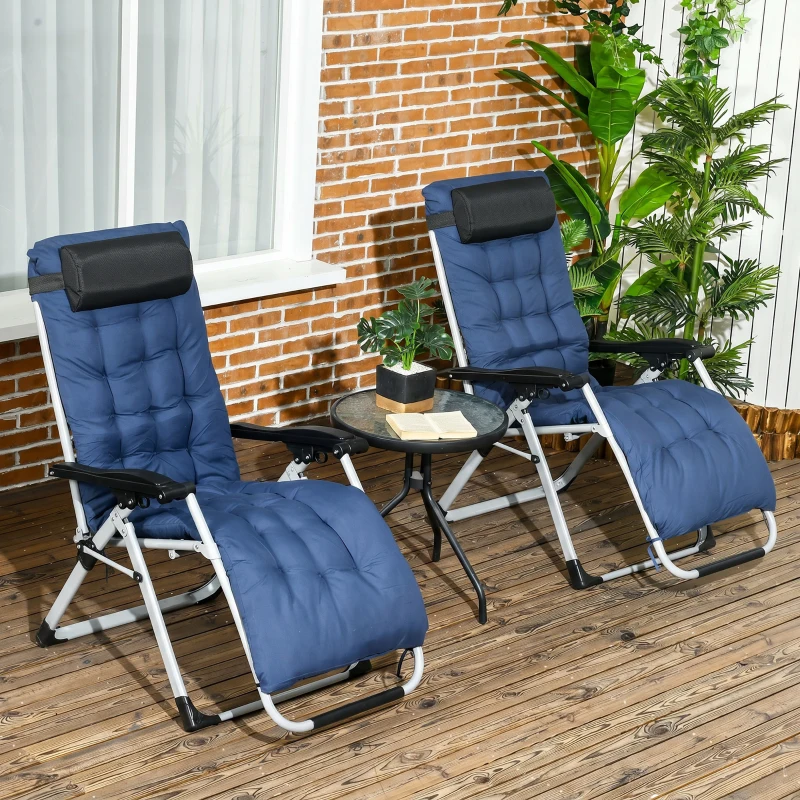 Outsunny 2pc Reclining Zero Gravity Sun Loungers ,Folding Chaise Lounge Chair with Cushions, Blue