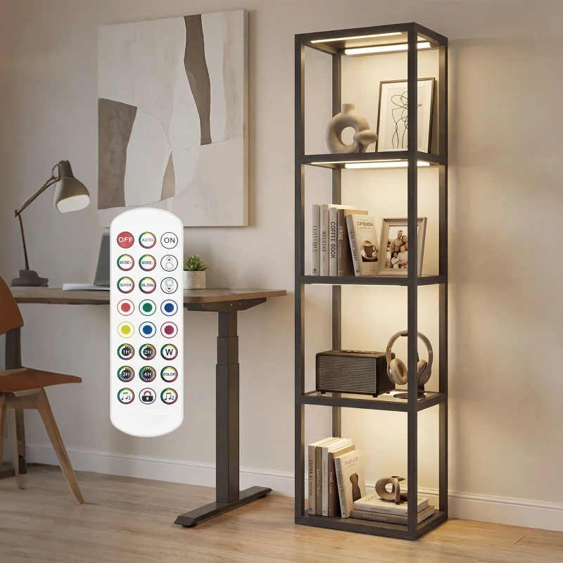 HOMCOM RGB Stehlampe mit Glasregalen, 4-Ebenen-LED-Stehleuchte mit Fernbedienung, Musiksynchronisation, Schwarz