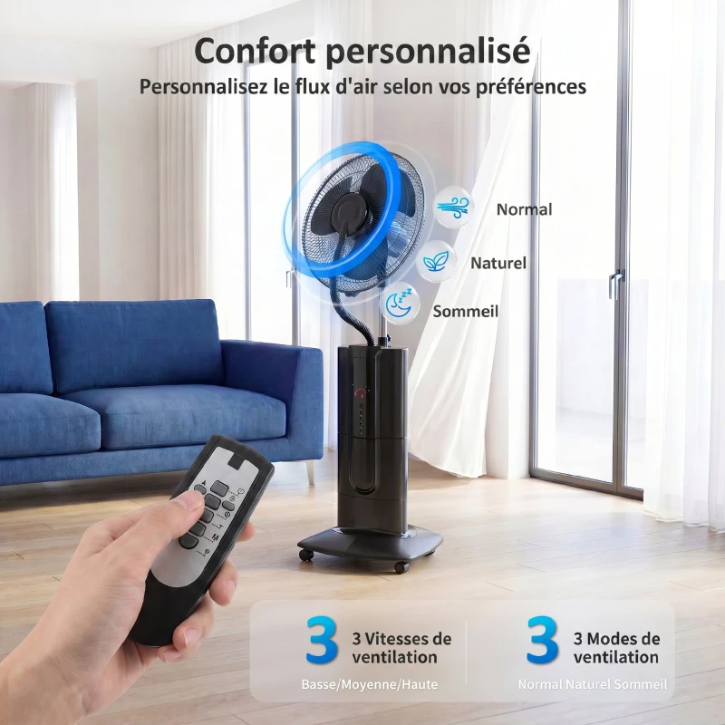 HOMCOM Ventilateur brumisateur 100 W à ionisation négative, ventilateur sur pied 130 cm, 3 vitesses, 3 modes, minuterie, noir