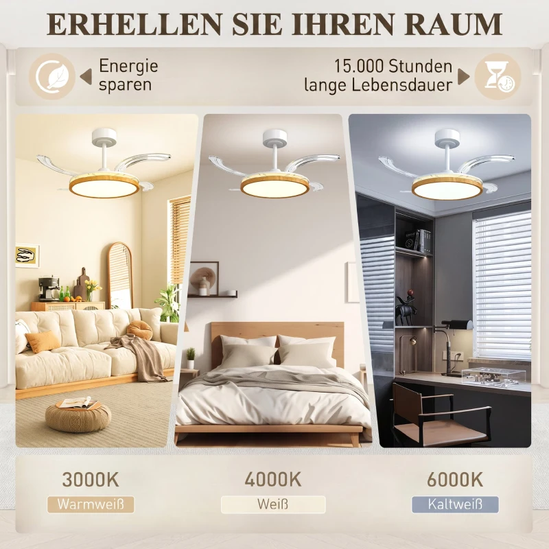 HOMCOM Deckenventilator mit Licht und Fernbedienung, 95 cm moderner LED-Deckenventilator mit einziehbaren Flügeln, Natur
