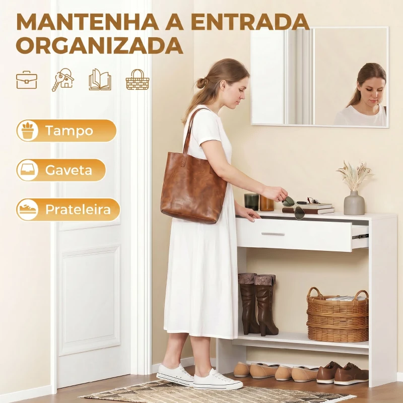 HOMCOM Consola de Entrada com Espelho, Gaveta e Prateleira para Hall, 91,5x27,9x85,5 cm, Branco