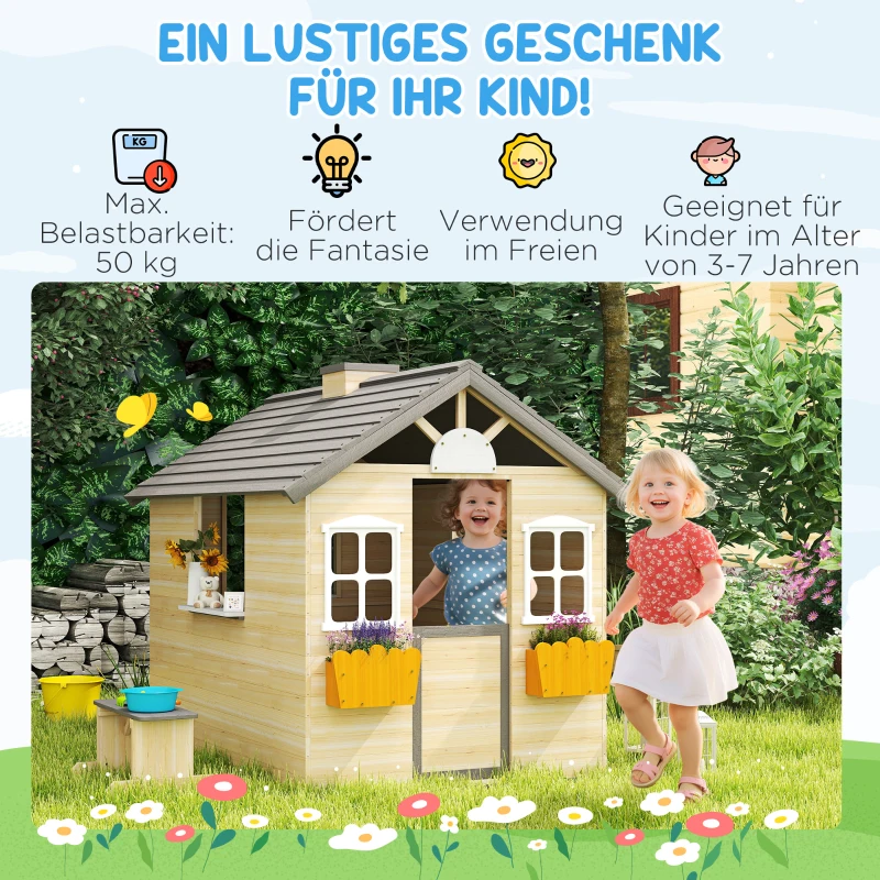 Outsunny speelhuis voor kinderen, houten kinderspeelhuis met raam, brievenbus, buitentuin speelhuis met bloempottenrek, houten speelhuis voor 3-7 jaar, dennenhout, naturel, 113 x 94 x 134,5 cm