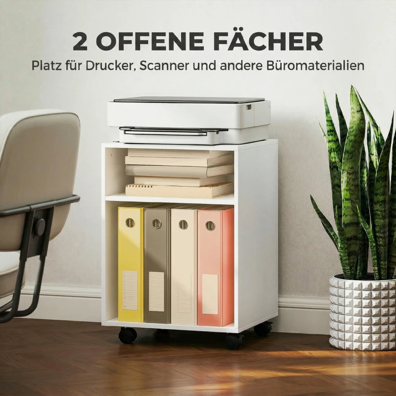 HOMCOM Druckerständer Druckertisch mit 2 offenem Regal feststellbaren Rollen für Büro Zuhause Fax Scanner 40 x 35 x 56 cm Weiß