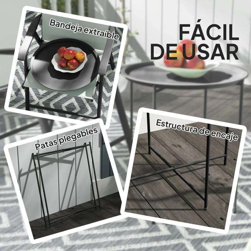 Outsunny Mesa de Jardín Redonda con Bandeja Extraíble Patas Ajustables y Acabado en Acero para Exterior Ø46x50 cm Negro