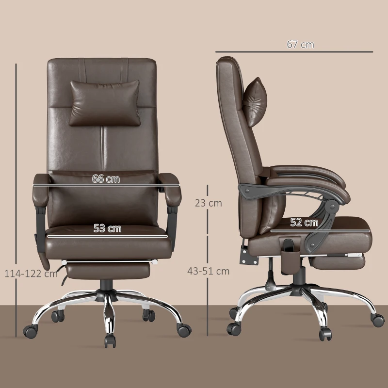 Vinsetto Bürostuhl mit Massagefunktion, Ergonomischer Schreibtischstuhl mit Liegefunktion, Kopfkissen, höhenverstellbar, Braun